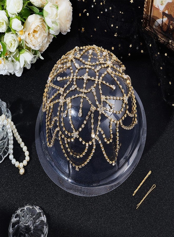NICENEEDED 1920s Crystal Cap Headpiece, Flower Rhinestone Head Chain Golden Roaring 20s Hair Accessories, Hair Chain Hat for Bridal Cosplay Halloween Decor with 2Pcs Hair Clip - Image 4